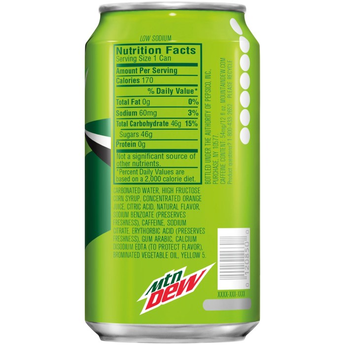 Mountain dew nutrition facts label